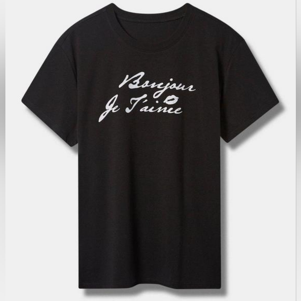 Torrid Black Crew Neck French Bonjour Je T' amiee T-Shirt Plus Size 4X NWT